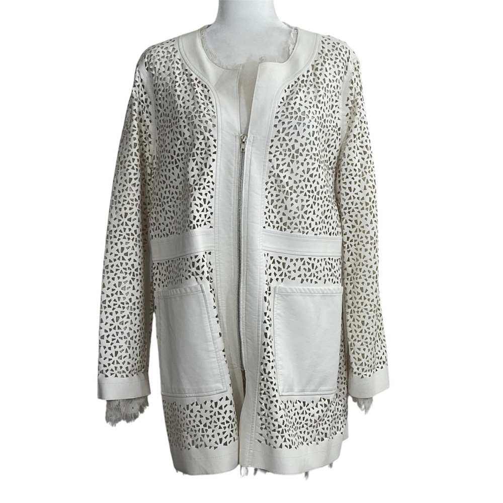 V Cristina Cream Faux Leather Laser Cut with Lace Liner Jacket